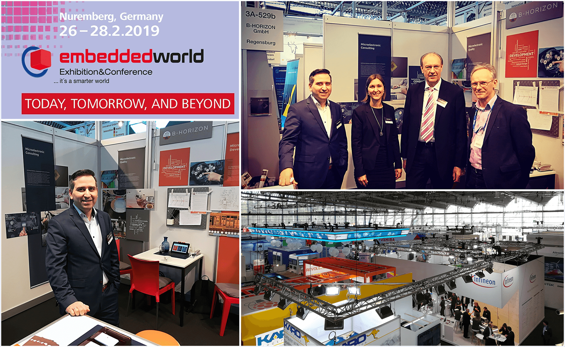 Photo collage of B-Horizon’s team and their booth at the Embedded World in Nürnberg, the international leading fair for embedded systems. This group photo shows founder and CEO Mohammad Kabany, Helena Krämer (Executive Management Assistant), Bernhard Pohl (Head of Quality Management) and Josef Schmid (Engineer at iSyst Intelligente Systeme GmbH) in front of the booth.
